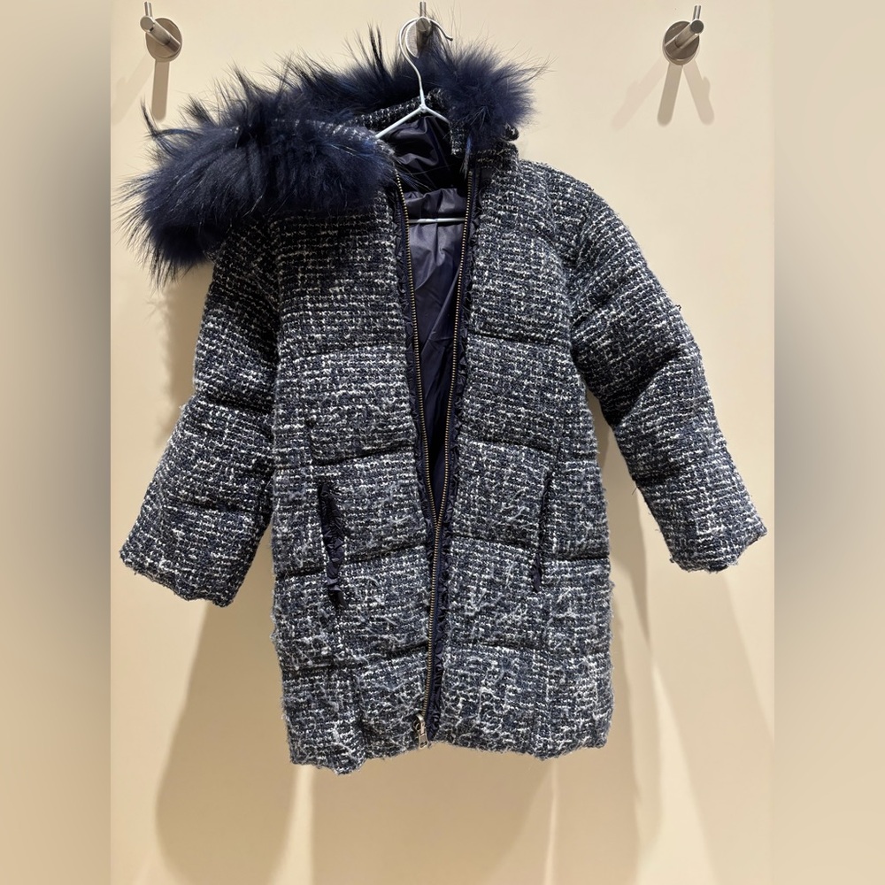 Lili Gaufrette long down puffer jacket Navy & White Tweed winter coat fur collar